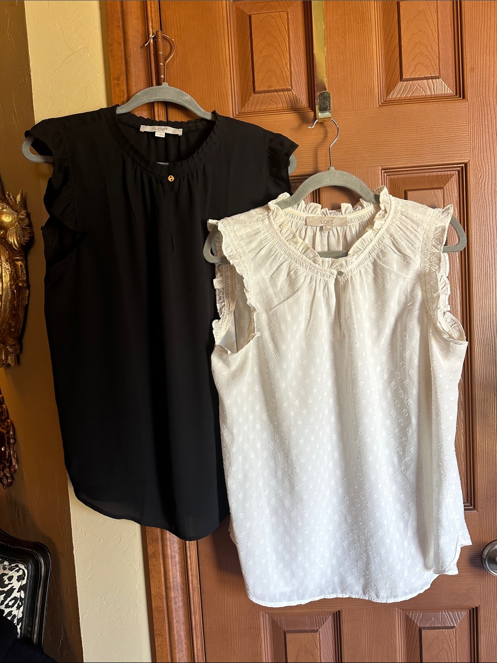 2 LOFT Ruffle-Trim Sleeveless Button Neck Shell Blouses, size Large